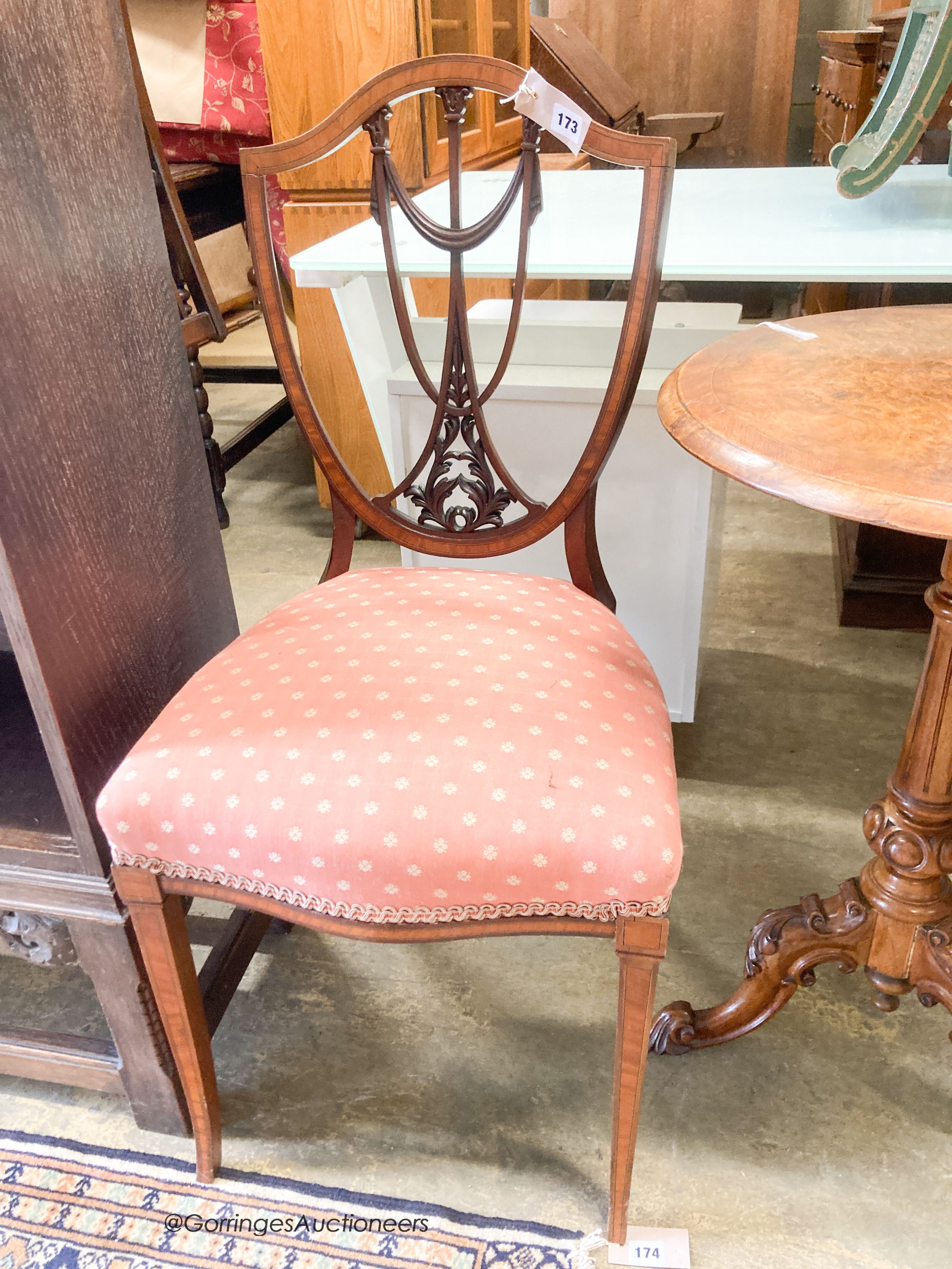 A Victorian burr walnut circular wine table, diameter 49cm, height 70cm together with an Edwardian satinwood banded mahogany side chair